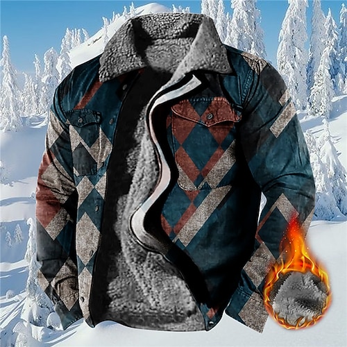 

Men's Coat Warm Sports & Outdoor Zipper Argyle 3D Printed Graphic Turndown Sports Jacket Outerwear Long Sleeve Pocket Fall & Winter