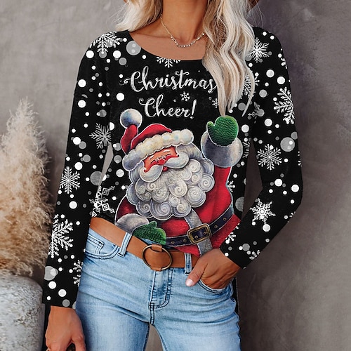 

Women's T shirt Tee Black Santa Claus Snowflake Print Long Sleeve Christmas Weekend Basic Round Neck Regular Painting S