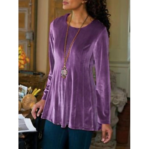 

Women's Blouse Shirt Green Blue Purple Plain Flowing tunic Long Sleeve Party Christmas Basic Round Neck Regular Velvet S