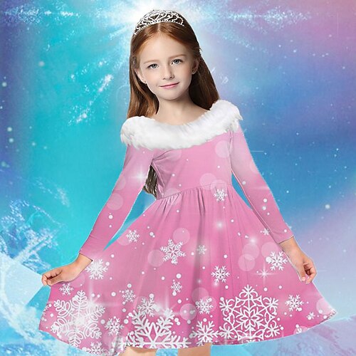 

Frozen Elsa Kids Girls' Dress Snowflake Casual Dress Above Knee Dress Casual Fur Trim Crew Neck Long Sleeve Adorable Dress 2-13 Years Winter Blue Pink Light Blue