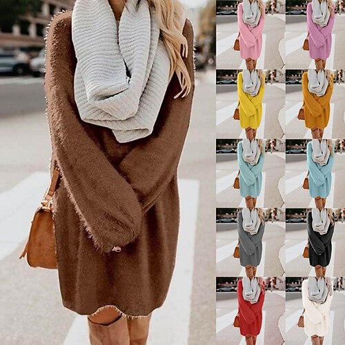 

Women's Sweater Dress Winter Dress Shift Dress Black Blue Purple Gold Pink Yellow Red Brown Beige Light Blue Long Sleeve Pure Color Patchwork Winter Fall Crew Neck Turtleneck Hot Casual Fall Dress