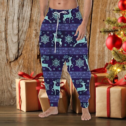 

Men's Christmas Pants Joggers Trousers Beach Shorts Baggy Harem Pants Drawstring Elastic Waist 3D Print Deer Graphic Prints Snowflake Comfort Soft Christmas Casual Daily Streetwear Designer Green Blue