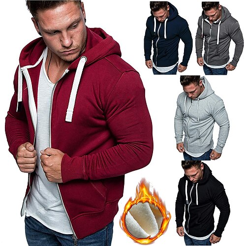 

Men's Hoodie Jacket Full Zip Hoodie Black Light Grey Dark Gray Red Navy Blue Hooded Solid Color Zipper Front Pocket Fitness Cotton Fleece Cool Thin fleece Essential Winter Spring & Fall Clothing