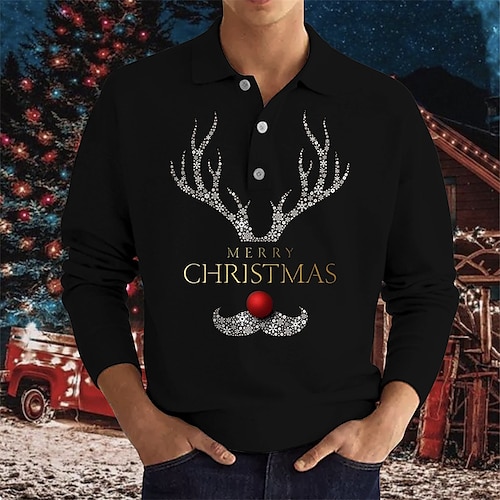 

Men's Golf Shirt Elk Graphic Prints Turndown Green Black Blue Wine White Hot Stamping Christmas Street Long Sleeve Button-Down Print Clothing Apparel Fashion Casual Comfortable Big and Tall
