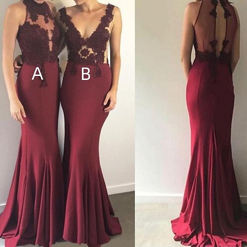 

Mermaid / Trumpet Bridesmaid Dress Halter Neck / V Neck Sleeveless Beautiful Back Sweep / Brush Train Lace / Stretch Chiffon with Pleats / Solid Color 2022