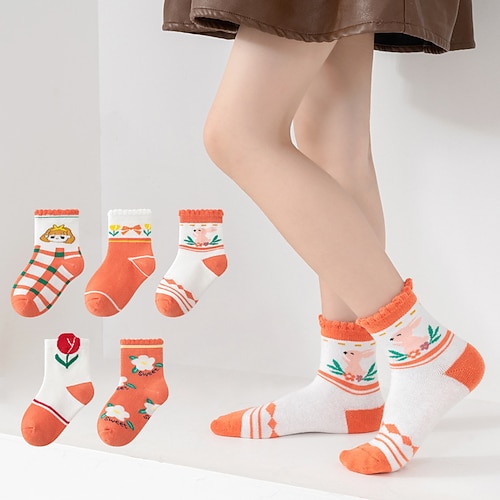 

Kids Girls' 5 Pairs Socks Rainbow Floral Plaid Print Winter Fall Cute Daily 2-8 Years
