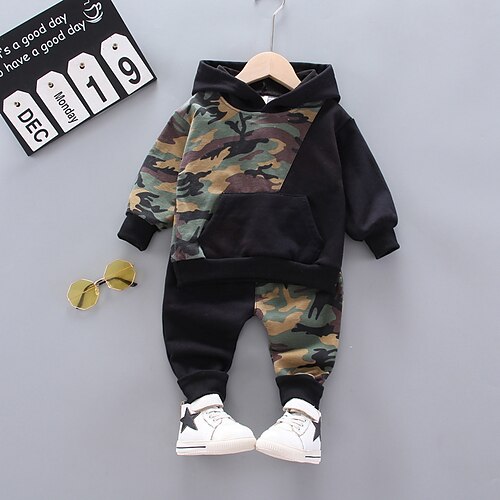 

2 Pieces Toddler Boys Hoodie & Pants Outfit Cartoon Camo Long Sleeve Set Casual Active Adorable Winter Fall 3-7 Years Green Black