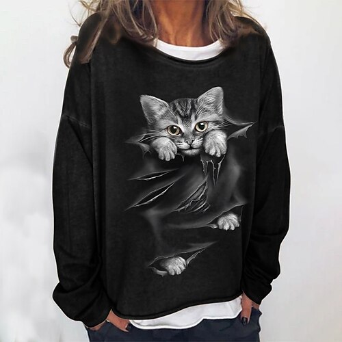 

Women's Sweatshirt Pullover Basic Black White Cat Street Round Neck Long Sleeve S M L XL 2XL