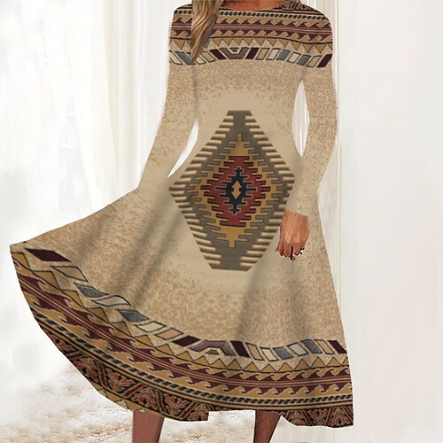 

Women's Casual Dress Swing Dress Midi Dress Pink Khaki Brown Long Sleeve Geometric Pocket Winter Fall Spring Crew Neck Fashion Daily Weekend 2022 S M L XL XXL 3XL