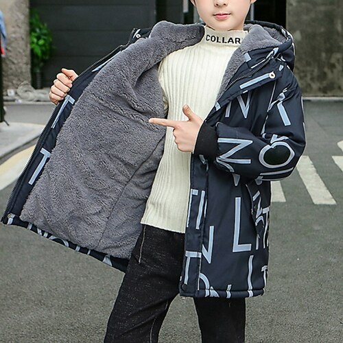 

Kids Boys Fleece Jacket Hoodie Jacket Outerwear Letter Long Sleeve Coat Outdoor Cotton Basic Daily Black Beige Winter Fall 7-13 Years