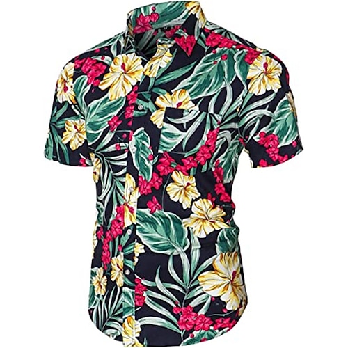 

Men's Shirt Floral Graphic Prints Turndown Green Yellow Fuchsia Navy Blue 3D Print Outdoor Street Short Sleeves Button-Down Print Clothing Apparel Tropical Designer Casual Hawaiian