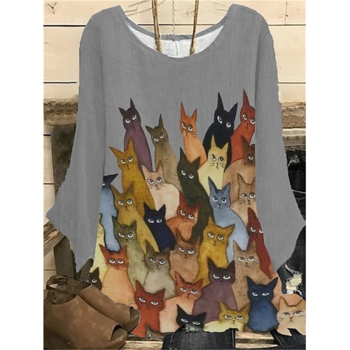 

Mujer Camisa Blusa Azul Piscina Marrón Gris Animal Gato Estampado Manga Larga Diario Noche Casual Cuello Barco Regular Talla Grande XL
