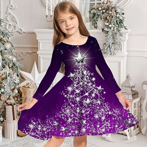 

Kids Girls' Christmas Dress Christmas Tree Casual Dress Above Knee Dress Christmas Gifts Crewneck Crew Neck Long Sleeve Adorable Dress 3-10 Years Winter Blue Purple Wine