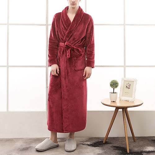 

Men's Robe Bath Robe Pure Color Fashion Simple Plush Home Polyester Comfort Warm Plunging Neck Long Robe Pocket Belt Included Winter Green Purple