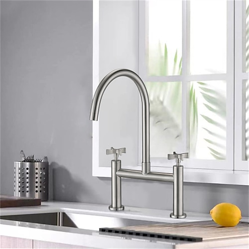 

Bridge Kitchen Faucet,Rotatable Double Handles Two Holes Widespread Kitchen Tap Stainless Steel Brushed Nickel