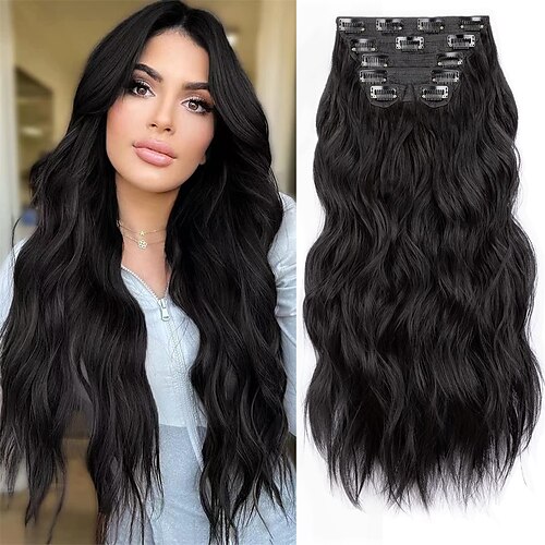 

Clip In Hair Extensions 20 Inch 6PCS Long Synthetic Dark Brown Thick Wavy Curly Clip Ins Hair Extensions Double Weft Hairpieces Full Head For Women