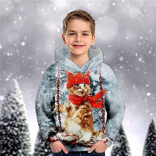 

Kids Boys Christmas Hoodie Pullover Animal Cat Long Sleeve Pocket Children Top Christmas Gifts 3D Print Hoodie Cute Daily Blue Winter 3-12 Years