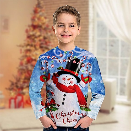 

Toddler Boys Ugly Christmas T shirt Tee Snowman Long Sleeve Crewneck Children Top Casual 3D Print Cute Daily Winter Fall Blue 7-13 Years