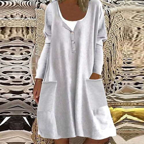 

Women's Casual Dress Shift Dress Mini Dress Light gray Long Sleeve Pure Color Button Winter Fall Spring U Neck Stylish Vacation Weekend 2022 S M L XL XXL 3XL