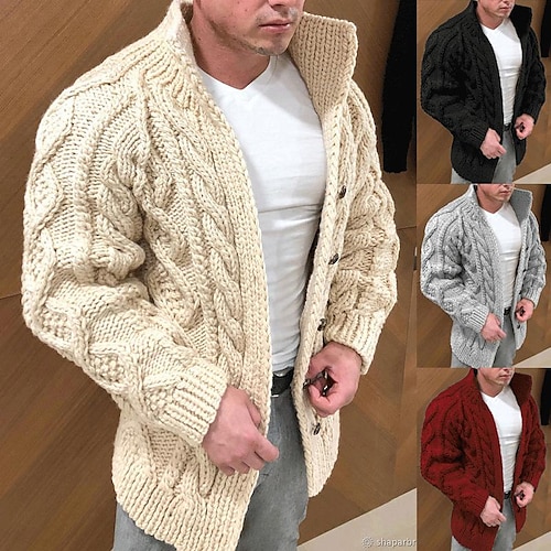 

Men's Sweater Cardigan Knit Knitted Solid Color Stand Collar Stylish Casual Outdoor Home Clothing Apparel Winter Fall Black khaki M L XL