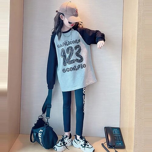 

2 Pieces Kids Girls' Solid Color Pants Suit Set Long Sleeve Active Outdoor 7-13 Years Winter Gray