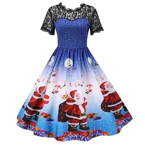 

Women's Christmas Swing Dress Vintage Dress Mini Dress Green Black Blue Half Sleeve Santa Claus Lace Winter Fall Autumn Crew Neck Weekend 2022 S M L XL XXL 3XL