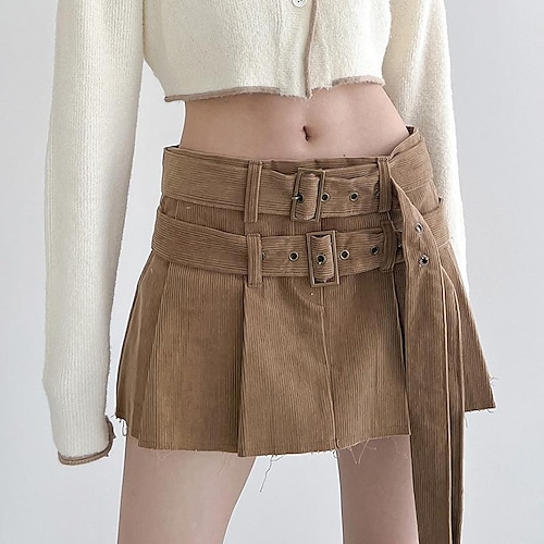 

Women's Cargo Skirt Mini Corduroy Black khaki Skirts Pleated Belt Included Punk & Gothic S M L