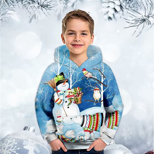 

Kids Boys Christmas Hoodie Pullover Snowman Long Sleeve Pocket Children Top Christmas Gifts 3D Print Hoodie Cute Daily Blue Winter 3-12 Years