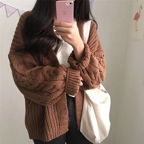 

Women's Cardigan Sweater Jumper Waffle Knit Hollow Out Solid Color V Neck Casual Daily Weekend Winter Fall Blue Red One-Size