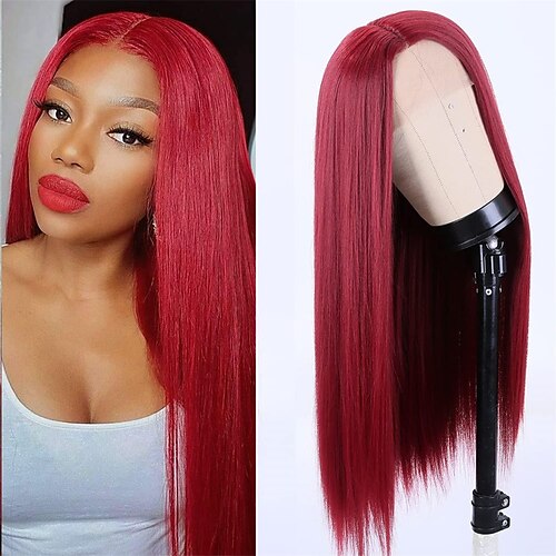 

Bright Red Wig Cosplay Wig Long Straight Red Middle Part Lace Front Wigs T-part Synthetic Lace Front Wig 22 Party