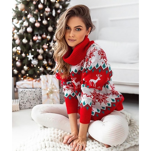 

Women's Ugly Christmas Sweater Pullover Sweater Jumper Crochet Knit Knitted Snowflake Turtleneck Stylish Casual Christmas Holiday Winter Fall Black Red S M L / Long Sleeve / Regular Fit
