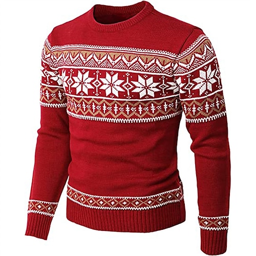 

Men's Sweater Ugly Christmas Sweater Pullover Sweater Jumper Ribbed Knit Cropped Knitted Snowflake Crew Neck Keep Warm Modern Contemporary Christmas Work Clothing Apparel Fall & Winter Green Dark Navy