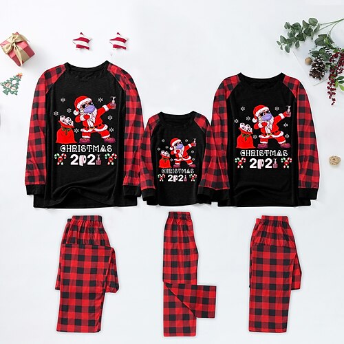 

Christmas Pajamas Family Plaid Letter Santa Claus Home Black Long Sleeve Basic Matching Outfits