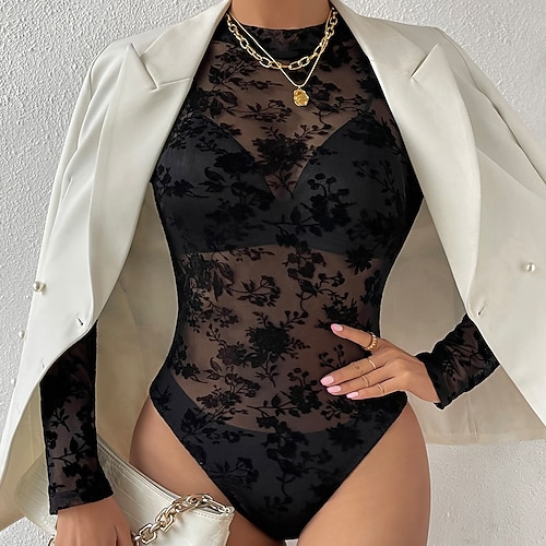 

Dame Body Svart Blomstret Blonde Langermet Strand Sexy Rund hals Blomster Tema S