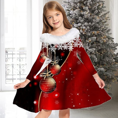 

Kids Girls' Christmas Dress Christmas Bell Casual Dress Above Knee Dress Christmas Gifts Fur Trim Crew Neck Long Sleeve Adorable Dress 2-13 Years Winter Wine Red