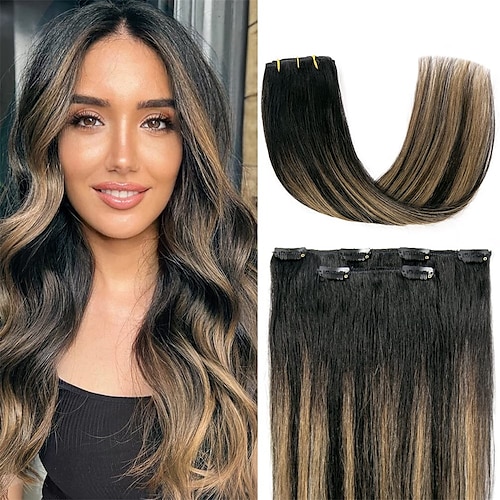 

2PCS 18 Inch Clip in Hair Extensions Real Human Hair Soft and Natural Hair Extensions Clip ins Balayage Natural Black to Chestnut Brown Remy Hair Extensions Clip in Human Hair Straight Double Weft H