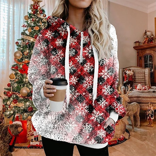 

Women's Sherpa jacket Fleece Jacket Teddy Coat Warm Breathable Christmas Street Daily Wear Vacation Zipper Pocket Print Pullover Hoodie Comfortable Plush Christmas Plaid Regular Fit Outerwear Long