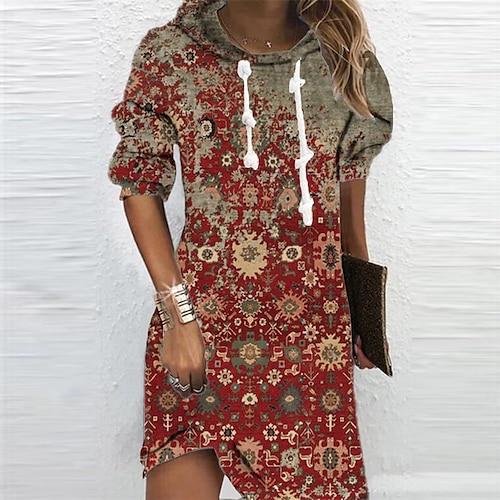 

Women's Hoodie Dress Shift Dress Mini Dress Wine Long Sleeve Floral Print Winter Fall Autumn Hooded Daily Vacation 2022 S M L XL XXL 3XL
