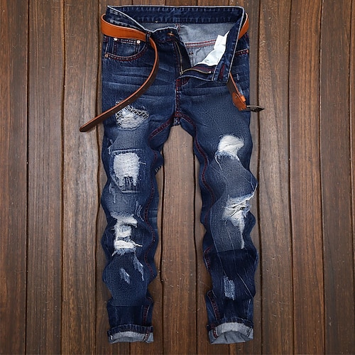 Men's Jeans Trousers Dark Wash Jeans Distressed Jeans Ripped Jeans Pocket Ripped Gradient Full Length Casual Daily Cotton Denim Vintage Streetwear Slim Deep Blue Micro-elastic, lightinthebox  - buy with discount