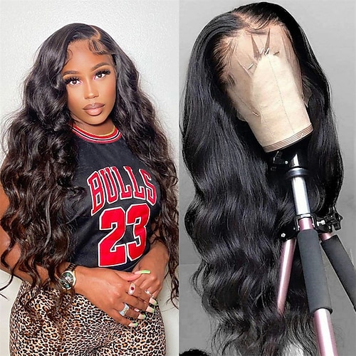 

13x4 Lace Front Wigs Human Hair 24 Inch Lace Front Wigs Pre Plucked with Baby Hair 180% Density Glueless Human Hair Wigs for Black Women HD Transparent Lace Frontal Wigs Natural Black