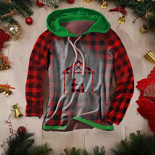 

Men's Pullover Hoodie Sweatshirt Green / Red Red Hooded Elk Plaid Checkered Graphic Prints Patchwork Print Christmas Sports Outdoor Daily 3D Print Streetwear Designer Casual Spring Fall Clothing