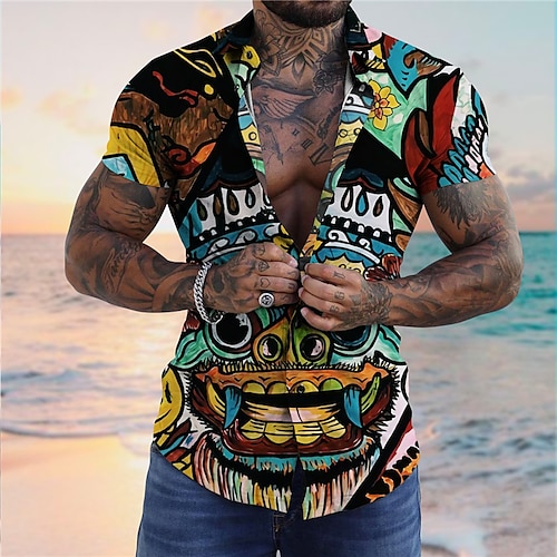 

Men's Shirt Aloha Shirt Abstract Graphic Prints Turndown Blue Yellow 3D Print Outdoor Street Short Sleeves Button-Down Print Clothing Apparel Tropical Designer Casual Hawaiian