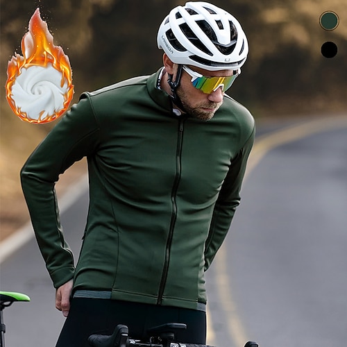 

21Grams Men's Cycling Jersey Long Sleeve Winter Bike Jersey Top with 3 Rear Pockets Mountain Bike MTB Road Bike Cycling Thermal Warm Fleece Lining Breathable Moisture Wicking Black Green Graphic