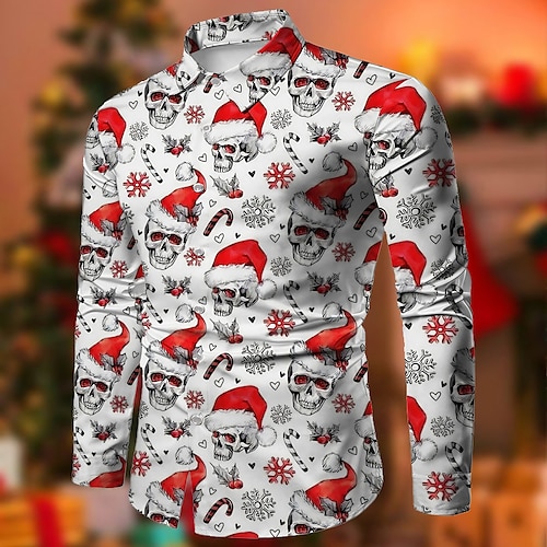 

Men's Shirt Skull Turndown White 3D Print Christmas Halloween Long Sleeve Button-Down Print Clothing Apparel Fashion Designer Casual Breathable