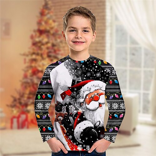 

Toddler Boys Christmas T shirt Tee Santa Claus Snowflake Long Sleeve Crewneck Children Top Casual 3D Print Cute Daily Winter Fall Black 7-13 Years