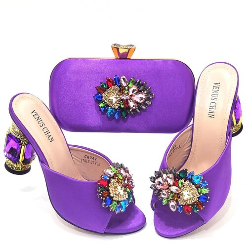 

royal blue satin fashion show fish mouth sandals and slippers women's shoes bag set combination colorful diamond buckle exquisite cylindrical shoes