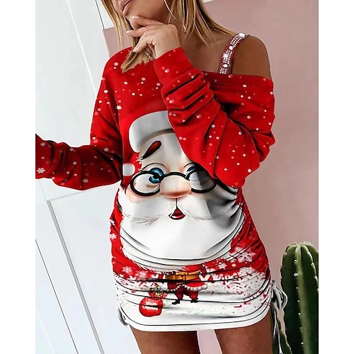 

Women's Christmas Casual Dress Sheath Dress Mini Dress Orange Red Long Sleeve Santa Claus Elk Backless Print Winter Fall Crew Neck High Neck Cold Shoulder Casual Outdoor Daily 2022 S M L XL