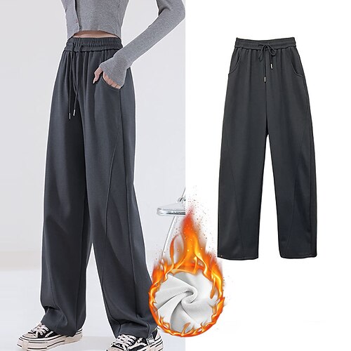 

Women's Sweatpants Wide Leg Elastic Drawstring Design Straight Leg Plain Classic Modern Thick Winter Black Blue Pink Khaki Dark Gray