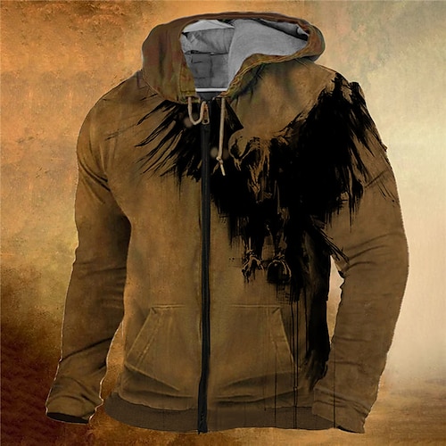 

Per uomo Felpa con cappuccio a zip intera Giacca di pelle Marrone Con cappuccio Animali Stampe astratte Aquila Cerniera Stampa Sportivo Giornaliero Sport Stampa 3D Streetwear Originale Informale