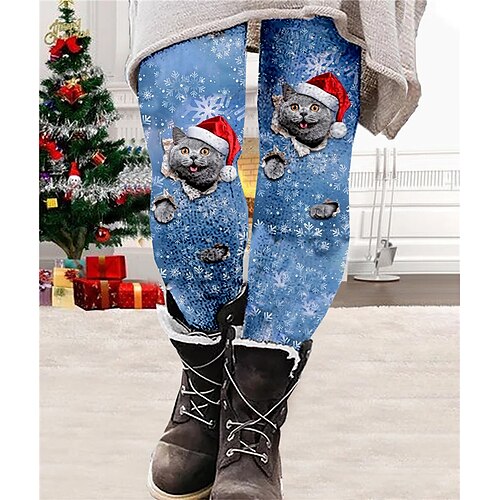 

Women's Plus Size Fleece Pants Christmas Pants Trousers Print Cat Snowflake Cat Casual Daily High Full Length Winter Fall Blue XL XXL 3XL 4XL 5XL